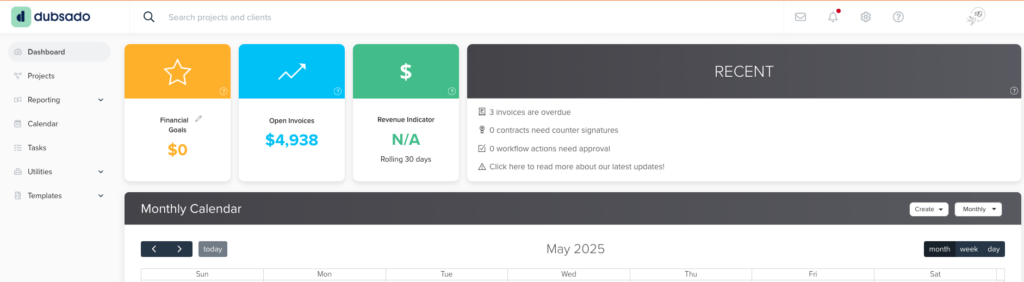 Wondering what is Dubsado? Check out the dashboard. This is your home base when you log in to Dubsado.